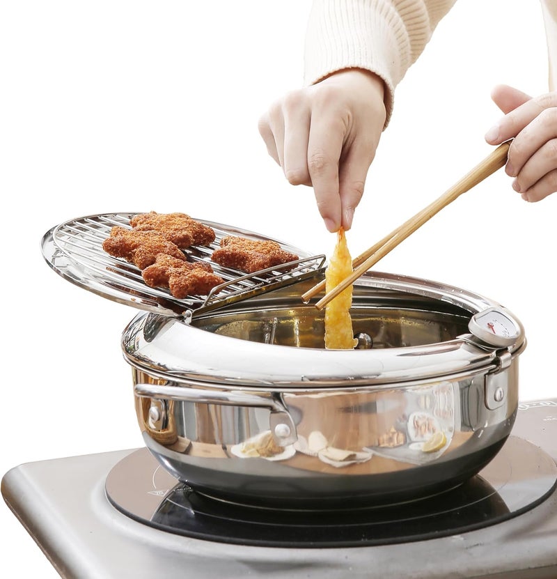 Saltlas Deep Fryer Pot (°C), 11"/4.4Qt (4.2 L) Extra Large Tempura Frying Pot with Lid, 304 Stainless Steel Fry Pot with Temperature Control and Oil Drip Drain Rack - Image 1